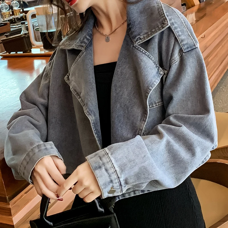 

Vintage Denim Jacket Loose Coat Women Spring Turndown Collar Retro Short Jean Jacket Big Pocket Female Overcoat