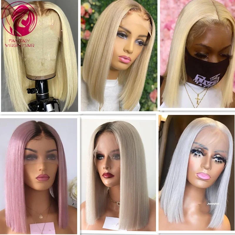 

Women Human Hair Short Bob Cut Lace Front Wig Straight 13x1 Chinese Virgin Hair Transparent Purple 60# White Blonde 613# 150%