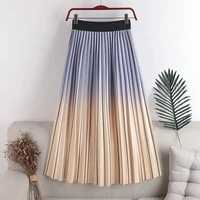 elastic waist changing color pleated printed rainbow strip skirt women high waist cotton skirt clothes p3 485