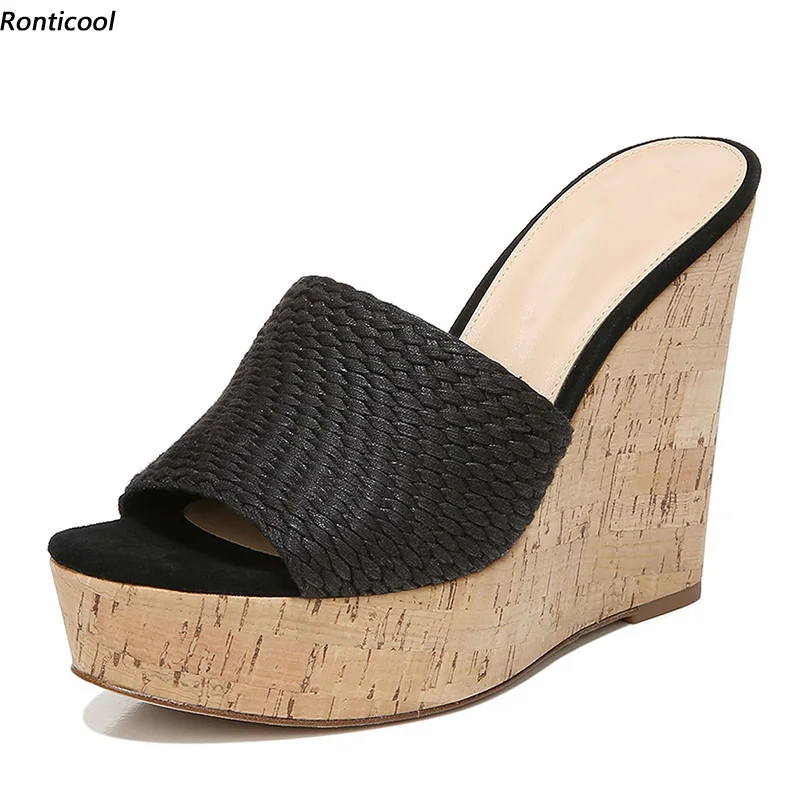 

Ronticool New Handmade Women Mules Sandals Weave Slippers Sexy Wedges Heel Open Toe Black Casual Shoes Women US Plus Size 5-20