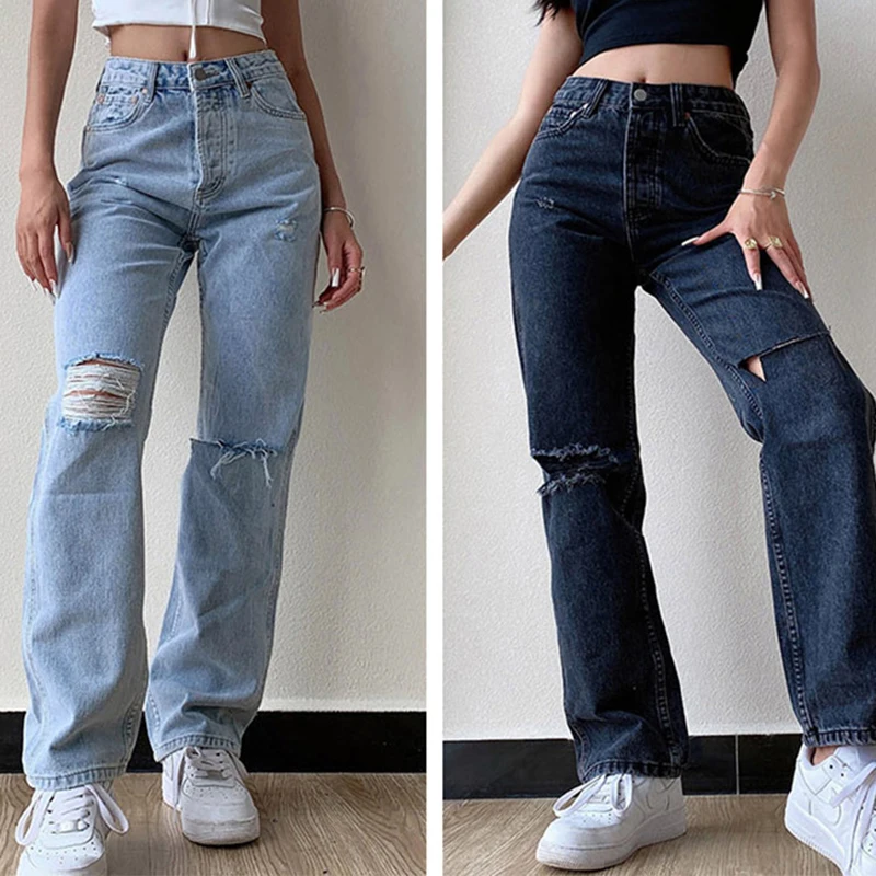 

Straight Denim Trousers Streetwear Women Full Length Hole High Waist Wide-Legged Ripped Wash Pants jeans femme taille haute