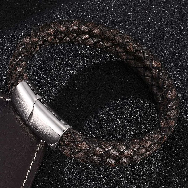 Двойной слой Ретро черный плетеный кожаный браслет мужские ювелирные изделия из