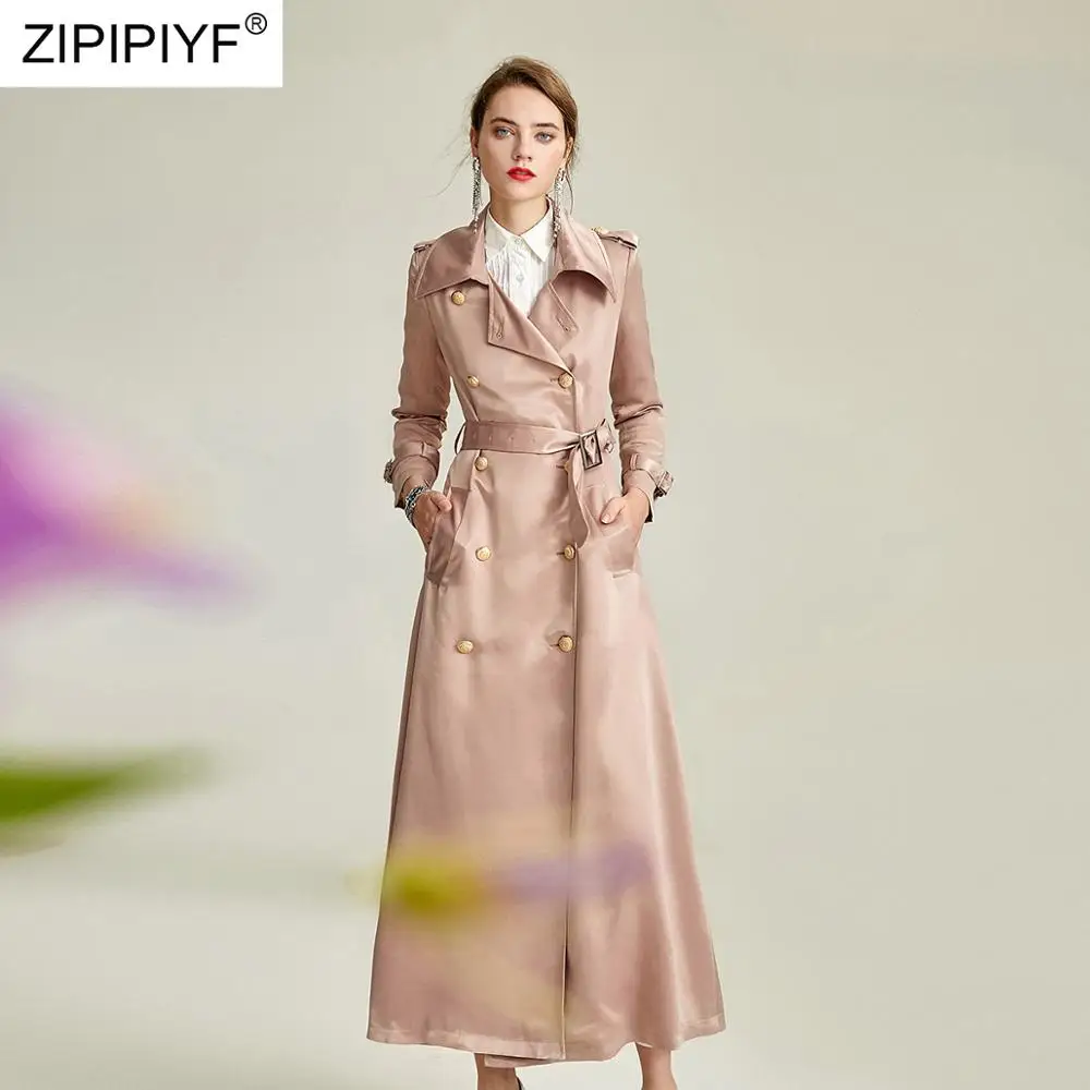 2019 Autumn New Bright Satin Double-breasted Lapel Coat High-end Commuter Temperament Women Trench C1847 | Женская одежда