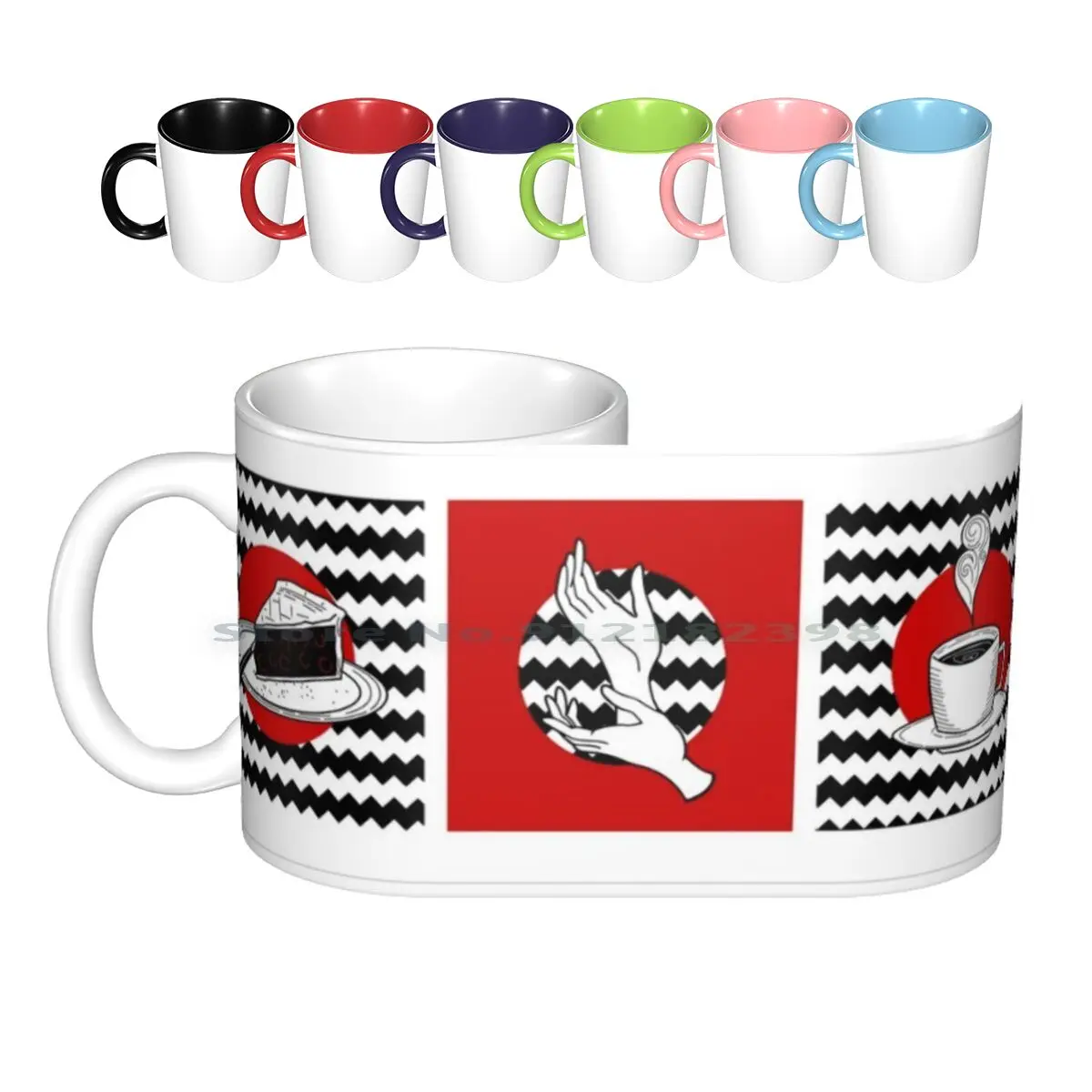 

Twin Peaks Trio Ceramic Mugs Coffee Cups Milk Tea Mug Twin Peaks Cherry Pie Coffee Zigzag Zig Zag Red Black White Hands Fire