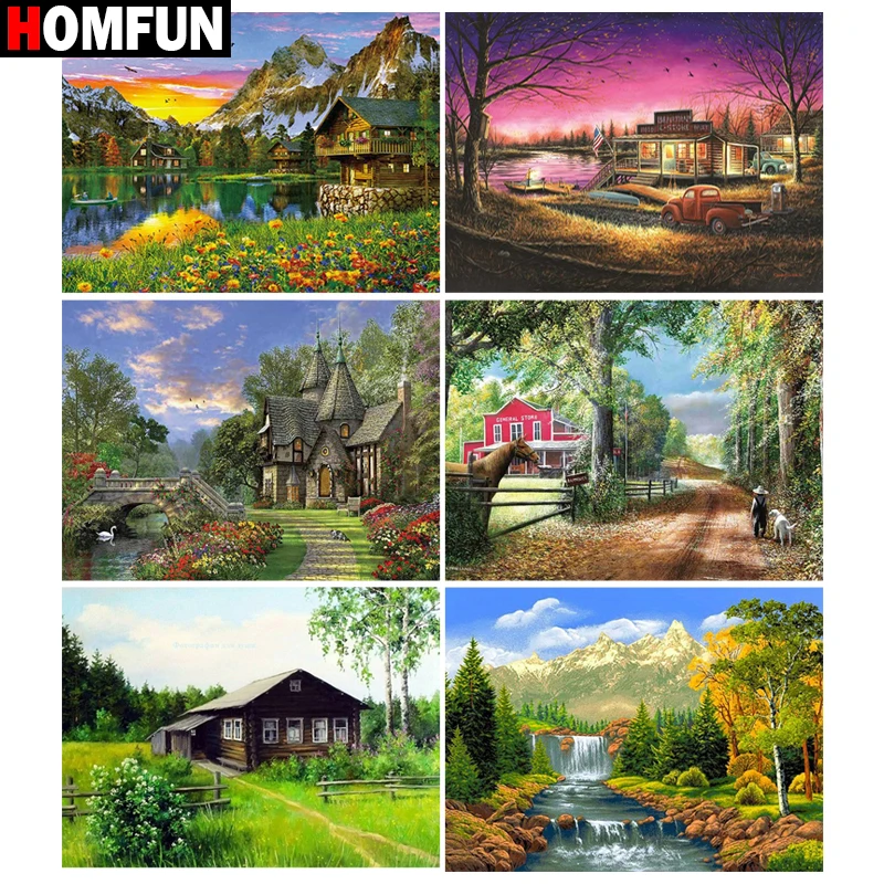 

Алмазная живопись HOMFUN, картина с квадратными/круглыми стразами, «домик, лесное дерево», вышивка крестиком, 5D Стразы