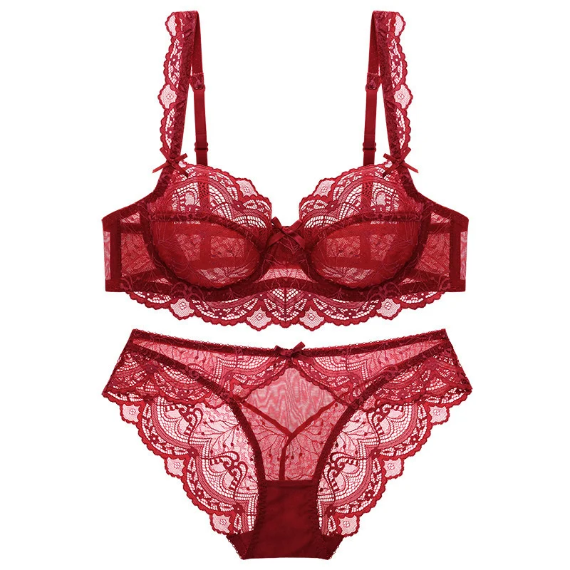 

Ultra Thin Non Sponge Transparent Large Chest with Small Lace Bra Women's Sexy Underwear Bra Set 9241