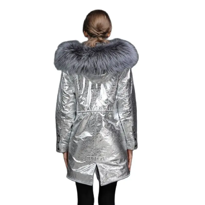 Женский Длинный тренчкот из серебристой кожи на двойной молнии Повседневная