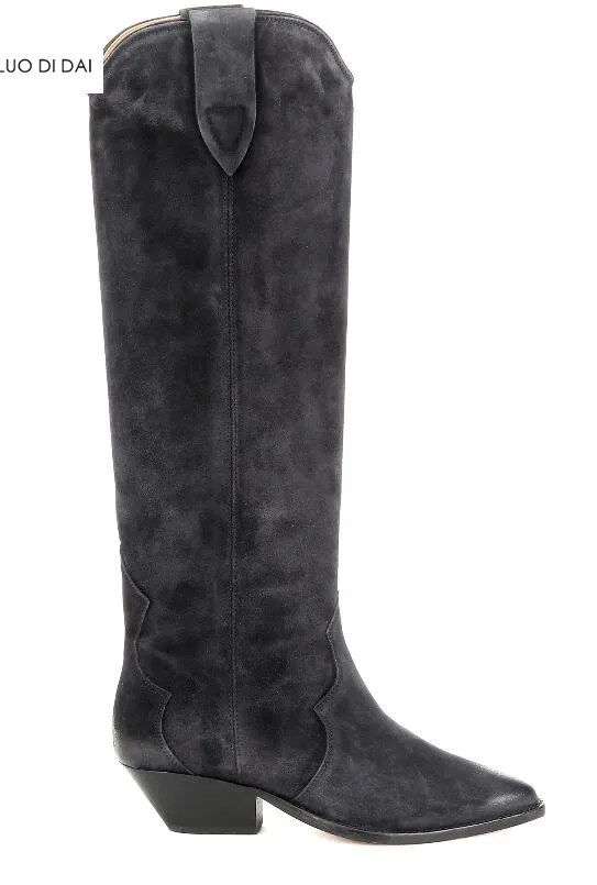 2019 new women knee high boots block heel point toe suede leather ladies party shoes slip on western booties | Обувь