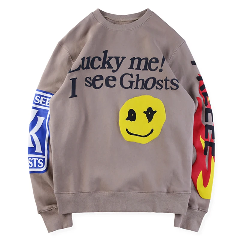 Lucky Me I SEE GHOSTS, мужская толстовка с принтом смайлика, мужские толстовки с круглым вырезом, Harajuku, уличные толстовки в стиле хип-хоп,, уличная одежда - Цвет: Khaki