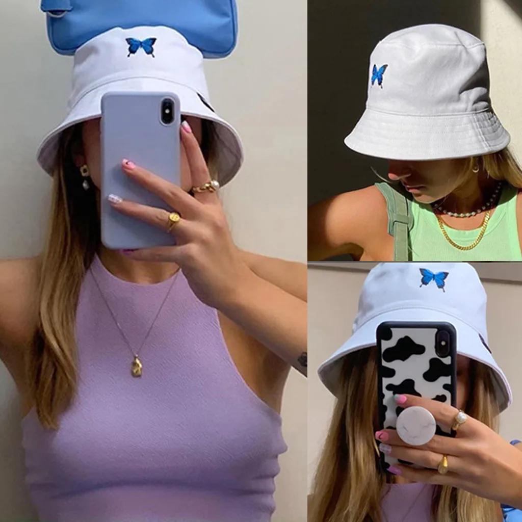 

Women Fashion Bucket Hat Butterfly Embroidery Foldable Anti-sunburn Summer Bucket Sun Hat Outdoor Cap Dropshipping Chapeau Femme