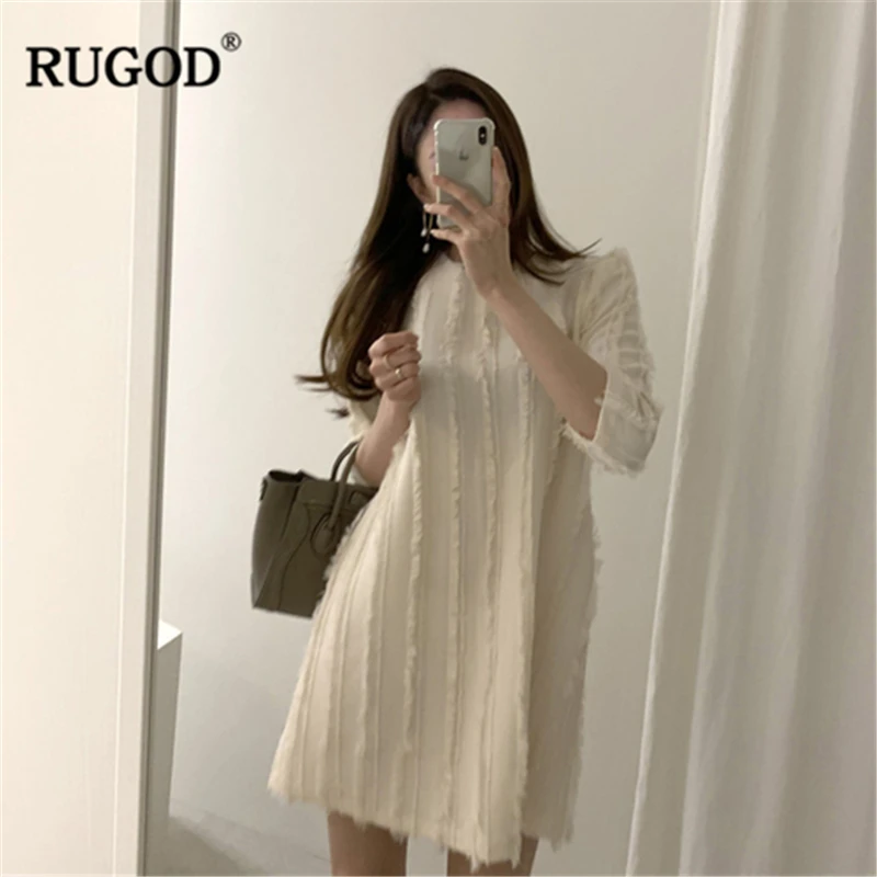 RUGOD 2019 Новое Осеннее женское однотонное платье с бахромой круглым вырезом