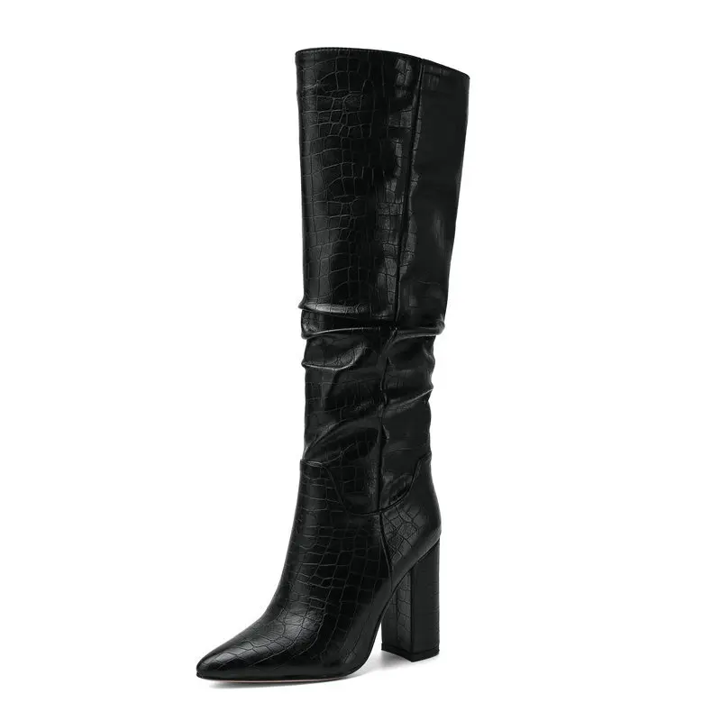 Женские Плиссированные высокие сапоги до колена с острым носком на высоком