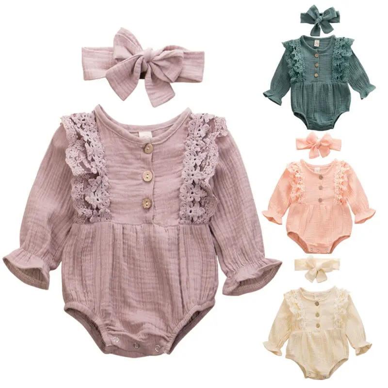 

Lace Floral Bodysuits + Bow Headband Newborn Baby Girls Clothes Cotton Linen Button Ruffled Jumpsuit Toddler Bodysuit Headwear