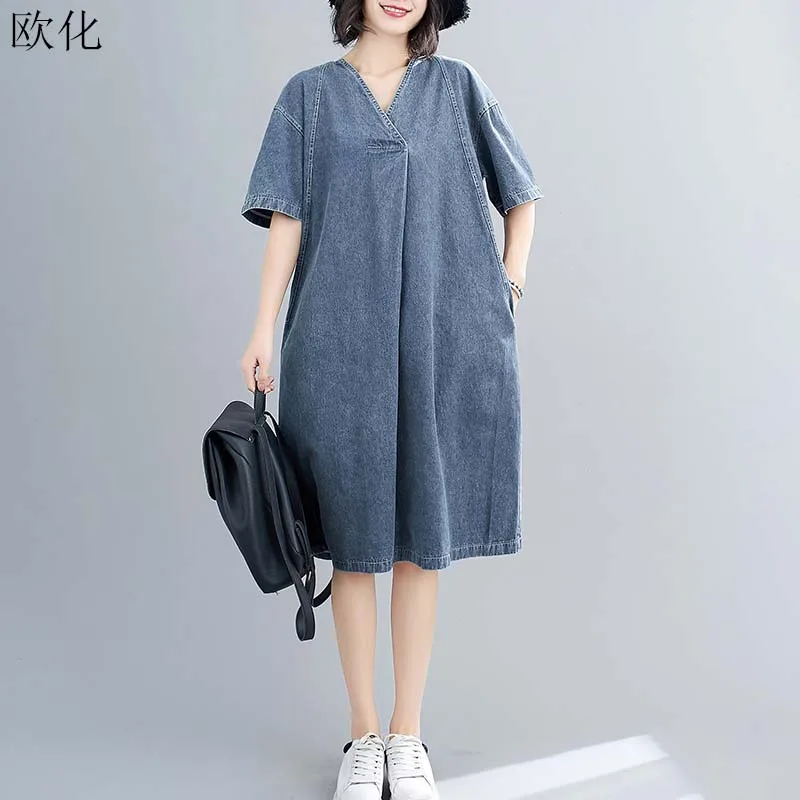 

Women Denim Dress Plus Size 2020 Summer Short Sleeve Korean Midi Blue Jeans Dresses Boho Style Streetwear Sundress Robe Female