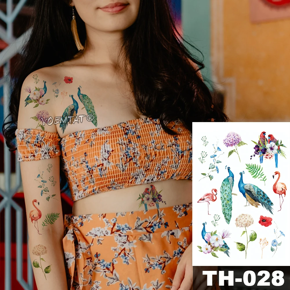 

Waterproof Temporary Tattoo Sticker Small Peacock Flamingo Hydrangea Pattern Water Transfer Palm Leaf Body Art Flash Fake Tatoo