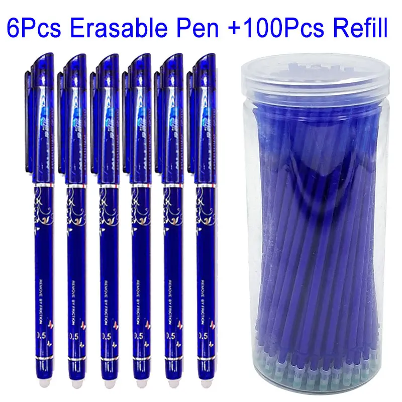 

106Pcs/Set Erasable Gel Pen Blue ink 0.5mm Washable Handle Office School Writing Stationery Bottle Pack Erasable Pen Refill Rod