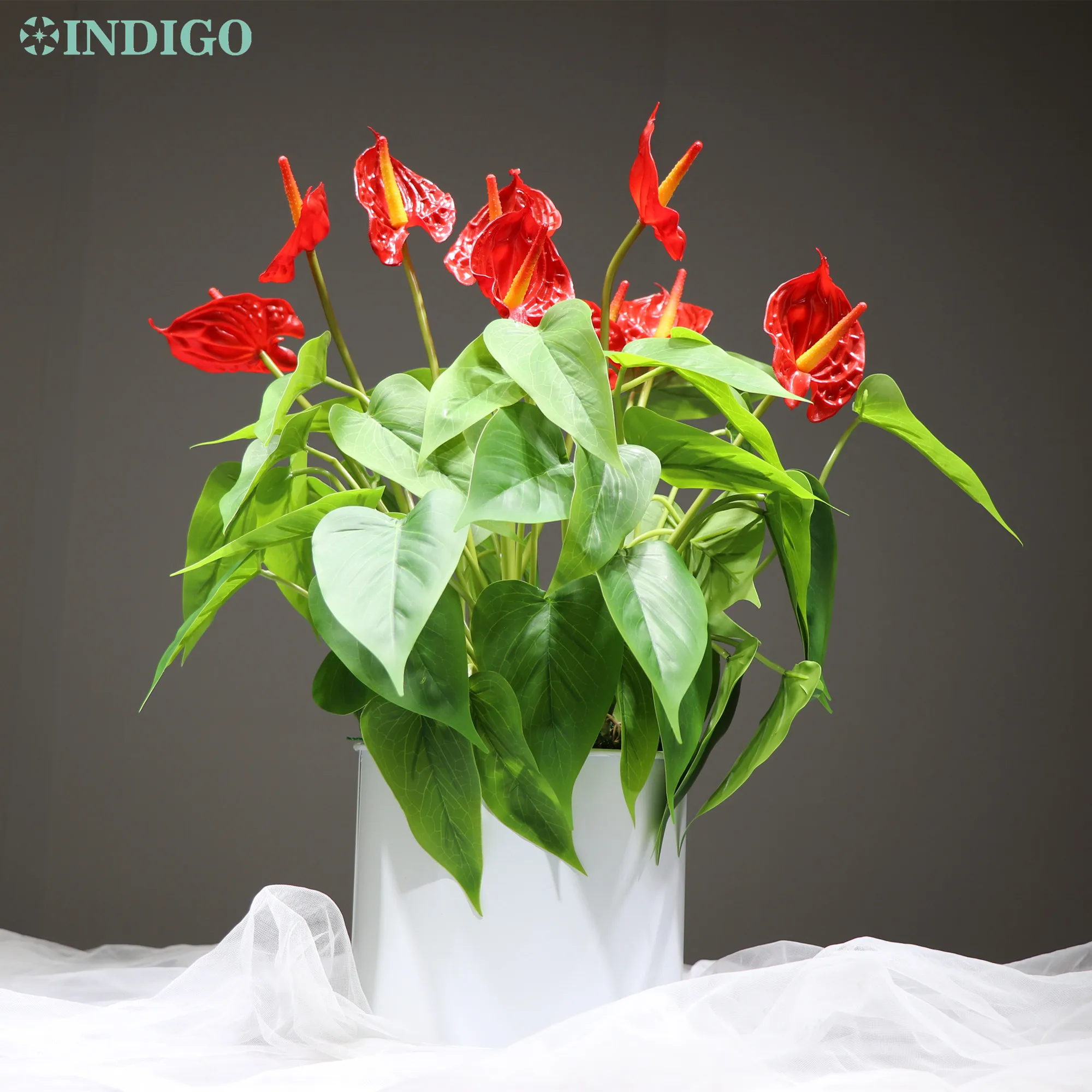 

INDIGO- Pink Anthurium Bouquet (18pcs Leaves+3Pcs Flower +Vase) Real Touch Wedding Flower Floral Party Table Decoration