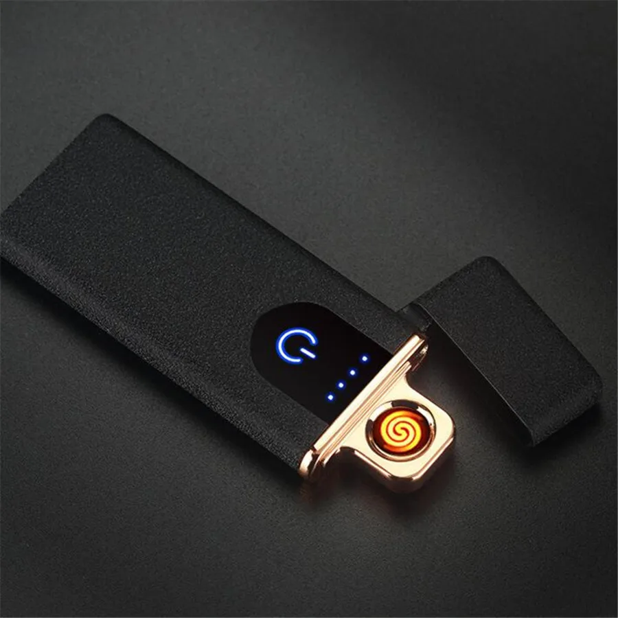 Черный Ультратонкая металлическая сигаретная Электронная Зажигалка USB ветрозащитная беспламенная перезаряжаемая электрическая катушка Зажигалка плазменное Сенсорное зондирование - Цвет: Черный