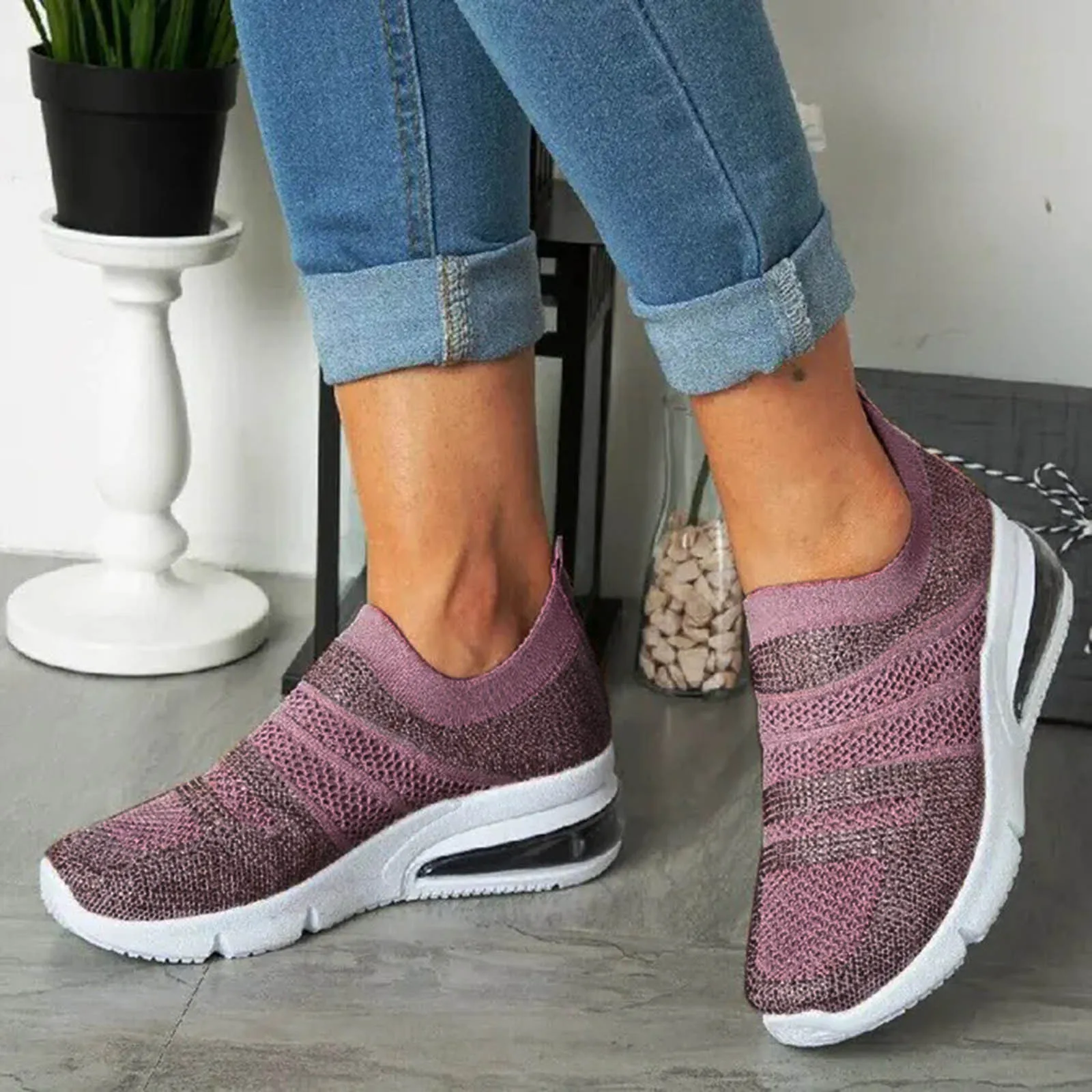 

Knitted Mesh Sports Shoes Air Cushion Sports Shoes Lazy Shoes 2021 Summer Thick Bottom Breathable Heightening Shoes Casual Shoes