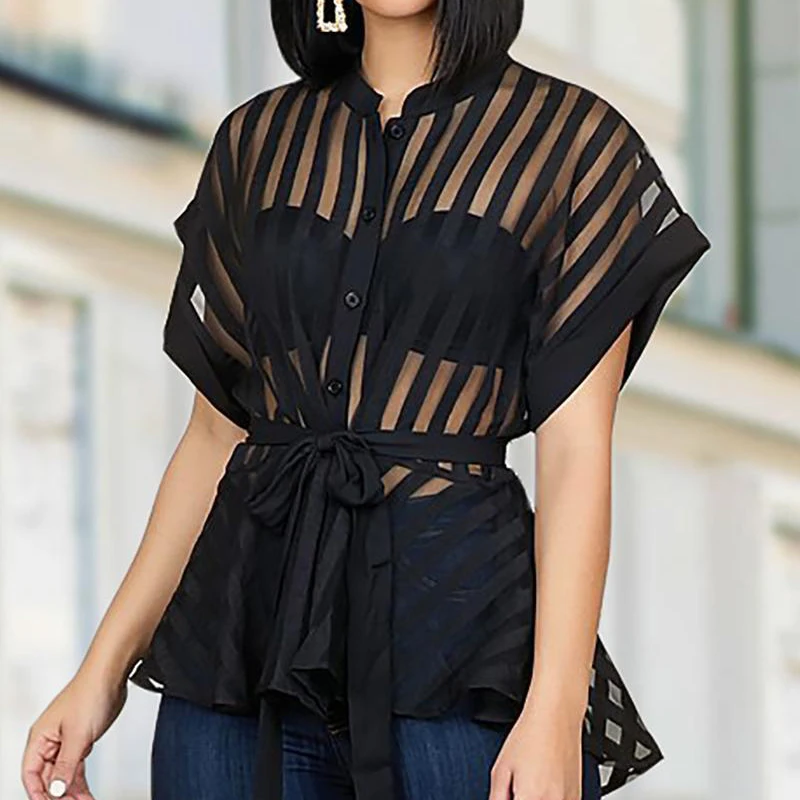 

2020 Women Summer See Through Striped Peplum Tops Mesh Shirt Lace Up Blouses Black Elegant Streetwear Sexy Classy Party Clubwear