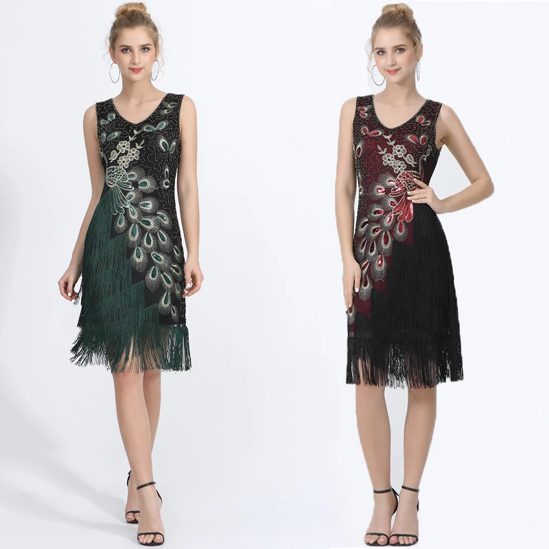Платье для латинских танцев с блестками в стиле ретро кисточками и v-образным