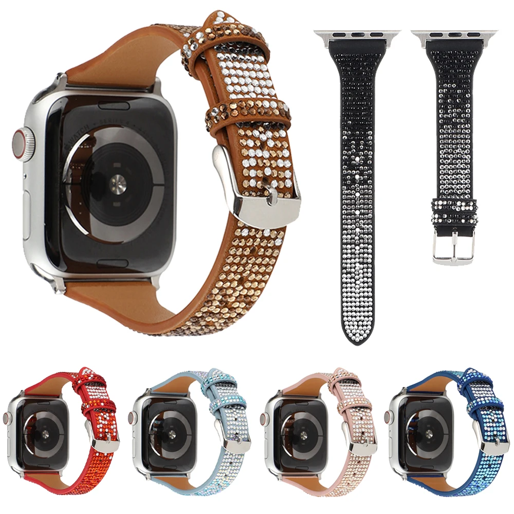 

Leather Slim Bands for Apple Watch Series 7 6 SE 5 4 3 2 38MM 42MM Diamond Strap Bracelet for Iwatch 4 40MM 44MM 41MM 45MM Belt