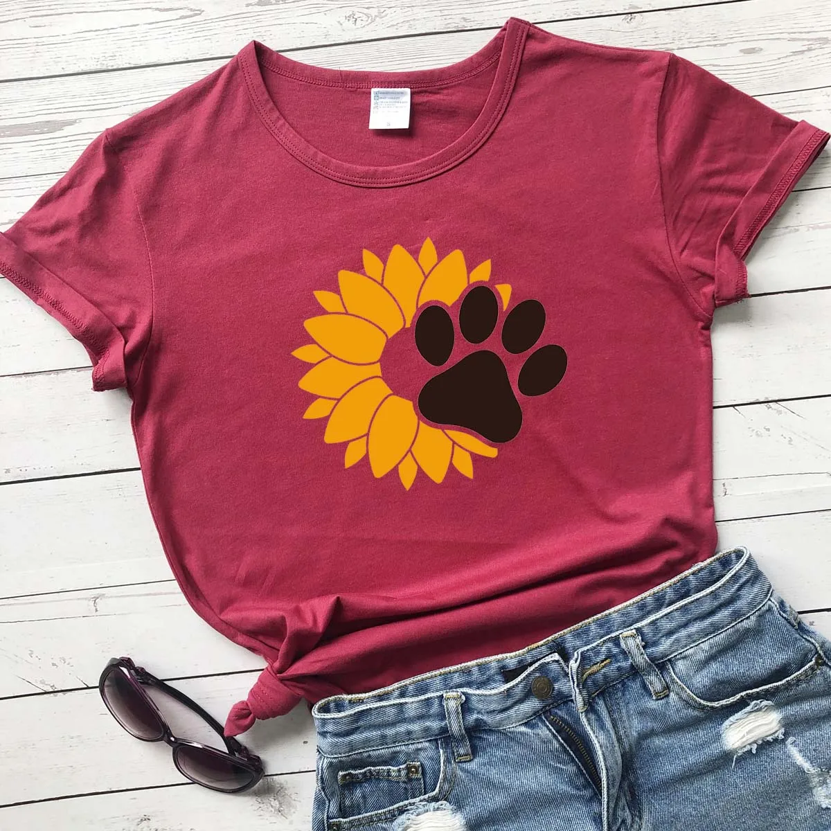 

Футболка женская из чистого хлопка, с рисунком подсолнухов, лап, подарок на день матери