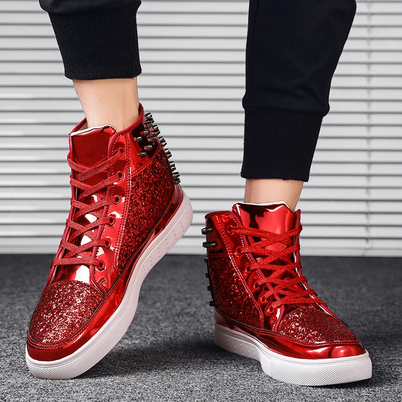 2020 Spring Autumn Unisex lace up bling shoes Male Gold Silver Studs High Tops Men Super cool Sneakers Couple Glitter Flats | Обувь