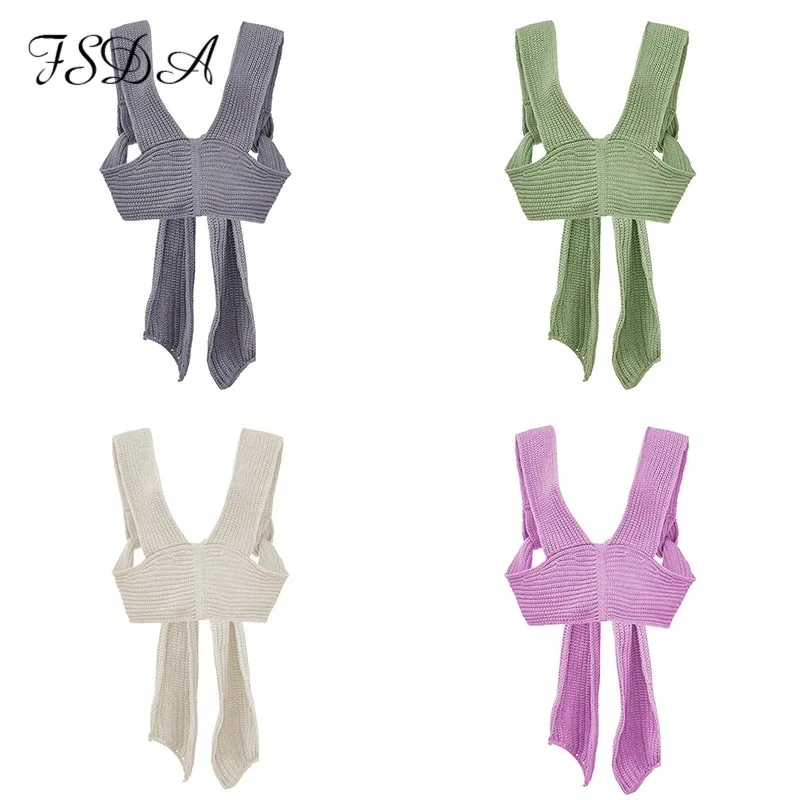 

European and American knitted lace-up sleeveless top women's summer short sweater inner wear design vest outer wear
