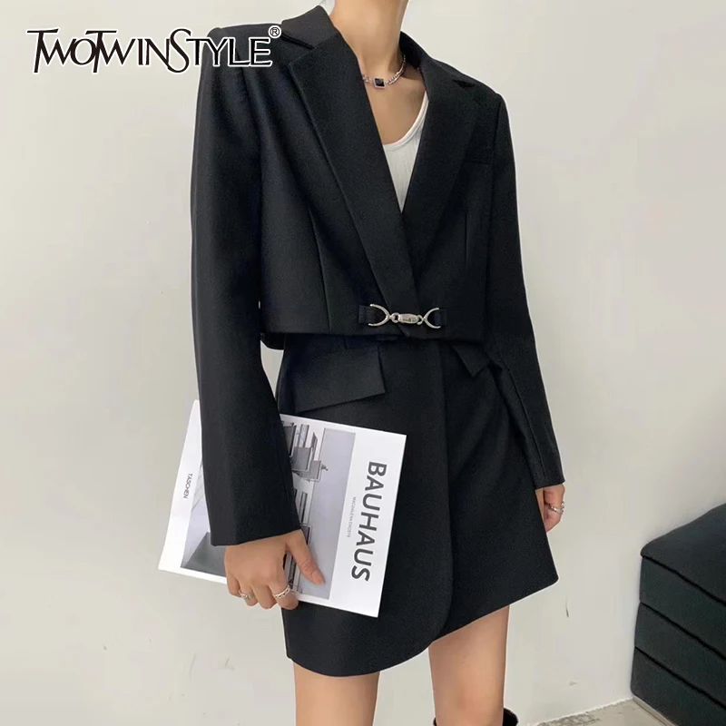 

Женский Повседневный костюм TWOTWINSTYLE, костюм из двух предметов, однотонный, с воротником с лацканами и длинным рукавом, с юбкой с высокой тали...