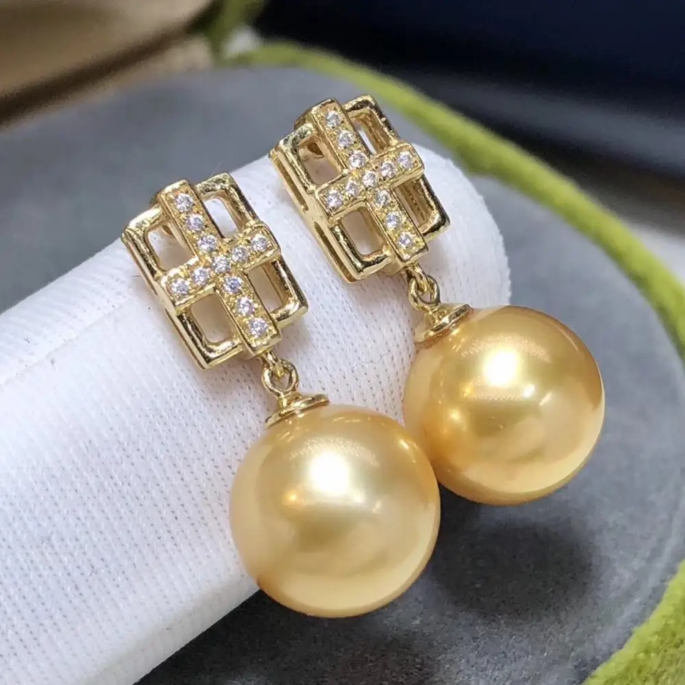 Fine Jewelry 1103 Pure 18 K Gold Phillipine Natural Ocean Golden Pearls 10-9mm Stud Earrings for Women Pearl | Украшения и