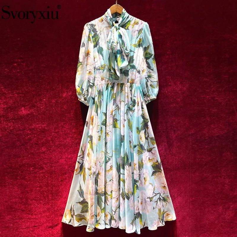 

Svoryxiu Runway Designer Autumn Vintage Camellia Print Long Dress Women's Lantern Sleeve Lace Lining Chiffon Dresses Vestdios