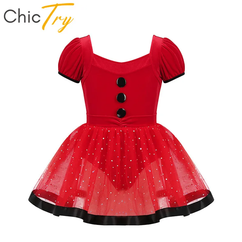 

Kids Short Puff Sleeves Sequined Red Mesh Tutu Ballet Figure Skating Dress Gymnastics Leotards for Girls Christmas Dance Costume