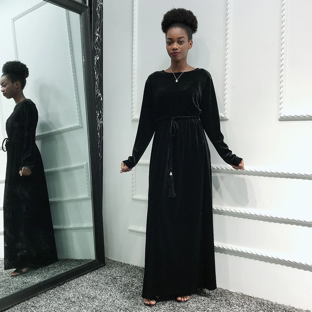 

Long Muslim Dress Velvet Winter 2020 Tassel Belted Solid Hijab Dress Arabic Turkey Moroccan Islamic Modest Clothing Full Sleeve