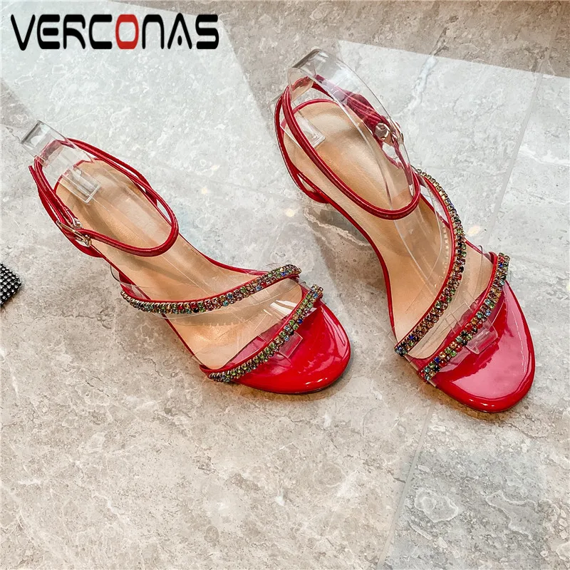 

VERCONAS Weeding Shoes Woman Pumps Woman Sandals Summer Genuine Leather Crystal Decoration Round Toe Strange Heels Shoes Woman
