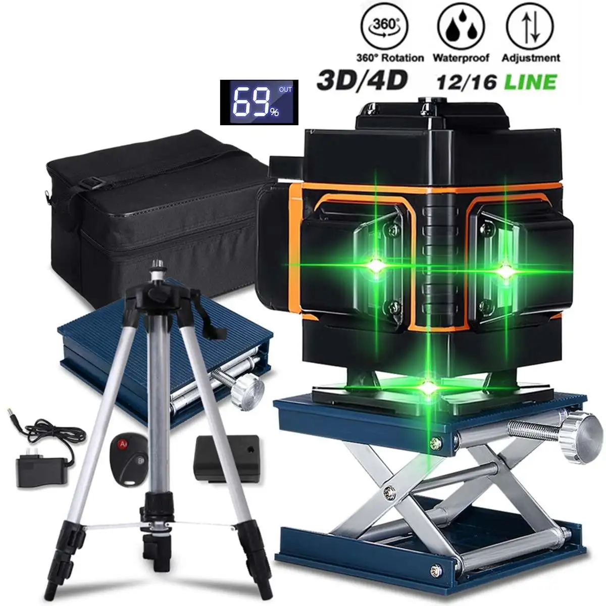 

Laser levels 12 lines 3D Green Light Horizontal&Vertical Cross 360 Auto Self-Leveling Wall Floor Laser levels LED Display&Tripod