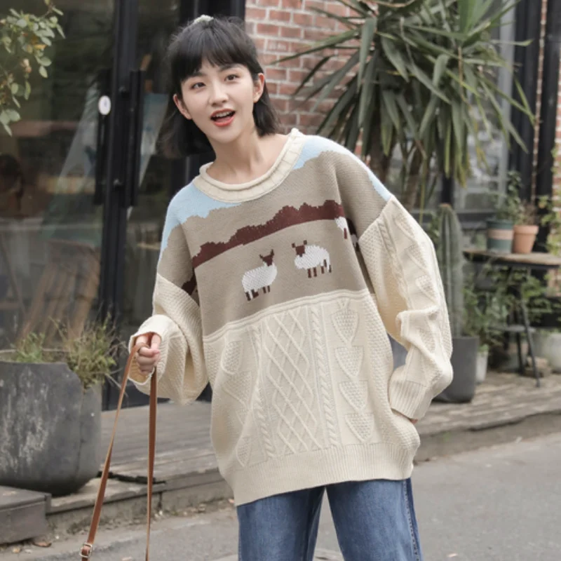 

Japanese Preppy Style O-neck Pullover Women Sweet Cartoon Pattern Knitted Sweater Autumn Winter Girly Loose Sweatshirt Harajuku