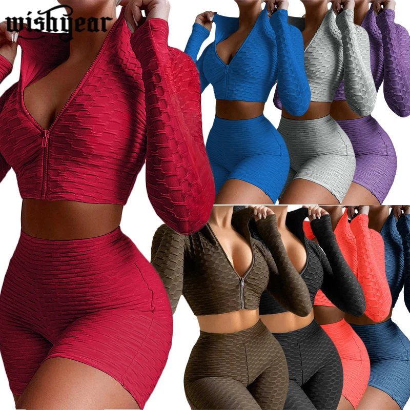 

Women Casual Yoga Tracksuit Solid Long Sleeve Tops And Sheath Elastic Shorts Two Piece Set Female Sportswear Summer Outfits