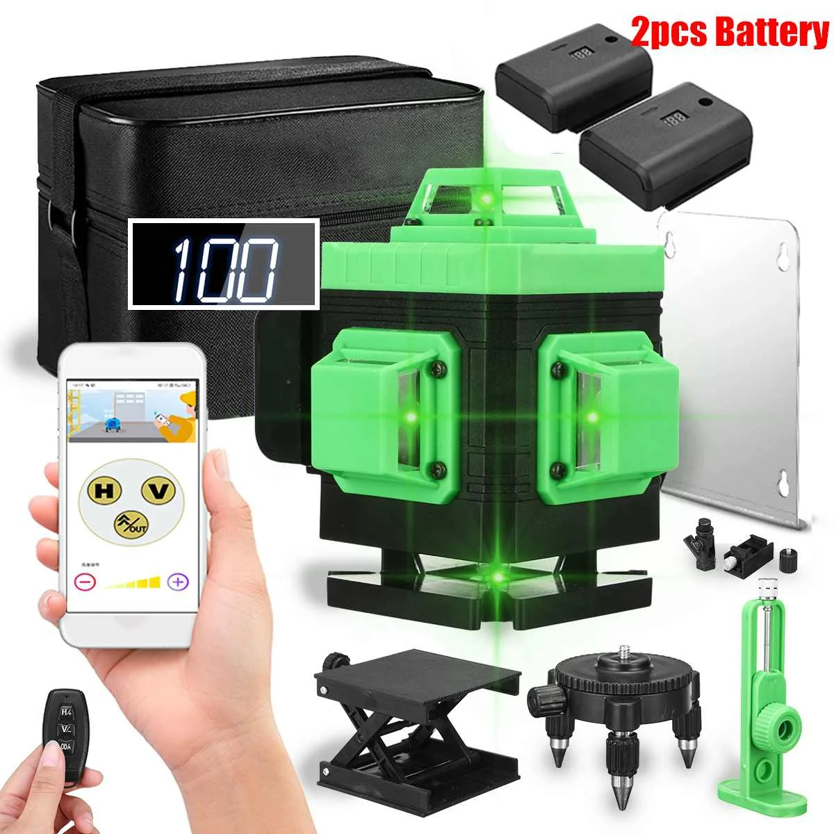 

16 Lines 4D Laser Level APP Control Self-Leveling 360 Horizontal And Vertical Cross Super Powerful Green Laser Level +2Batteries
