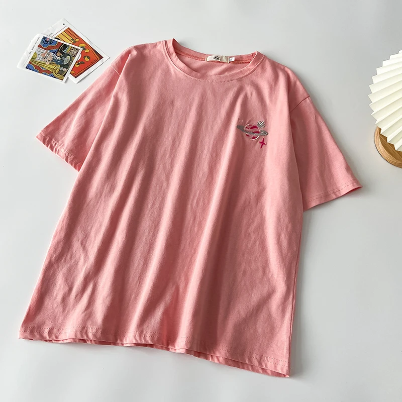 

EBAIHUI Planet Embroidery Cotton White Pink Tshirt Women Tops Short Sleeve Vintage Female T-Shirt Casual Tee Shirt Femme Summer