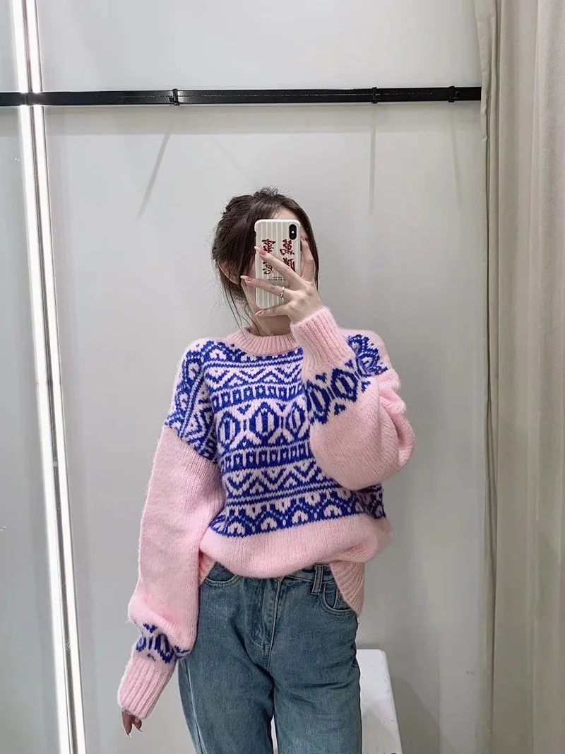 

Осенне-зимний женский теплый пуловер с длинным рукавом, грубой вязки, жаккардовый Свободный вязаный свитер, корейская мода, Офисная Женская...