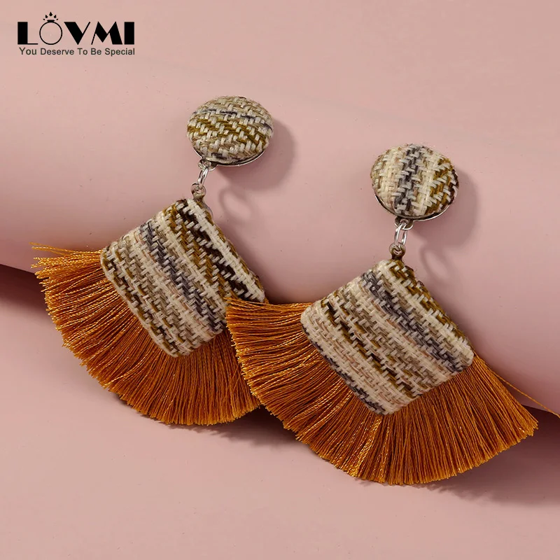 

LovMi 2021 Bohemia Ethnic Dangle Women Earrings Tassel Macrame Fabrics Geometric Shape Long Hanging Earrings Jewelry Wholesales