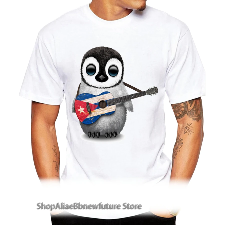 

2021 Newest Summer Men T Shirt Short Sleeve Casual Tops Cool Tee Fashion Baby Penguin Playing Cuban Flag Guitar Printed t-shirts
