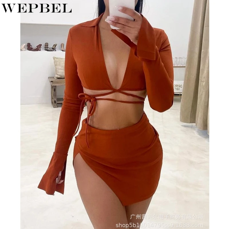 

WEPBEL Autumn Flare Sleeve V-neck Bandage Top + High Waist Slit Irregular Skirt Suit Sexy Women's Solid Color Slim Suit