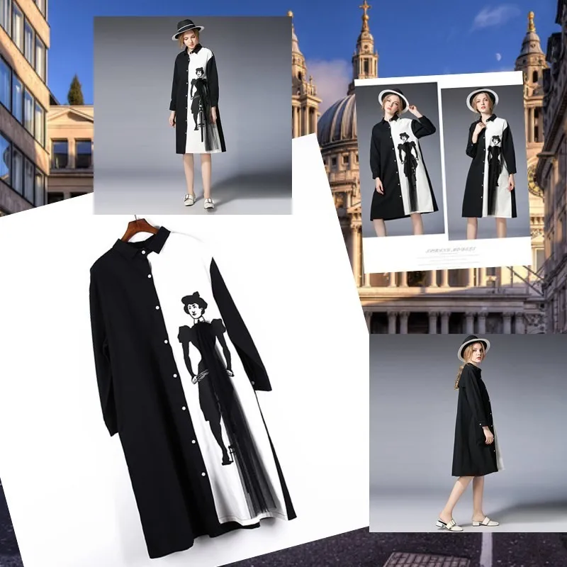 Женское свободное платье [IEQJ] черно белое однобортное свободного покроя с