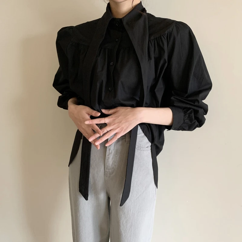 RealShe белая женская блузка со стоячим воротником и длинным пышным рукавом