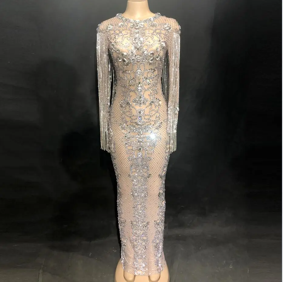 Новинка Сетчатое длинное платье с блестящими кристаллами платья для вечеринки