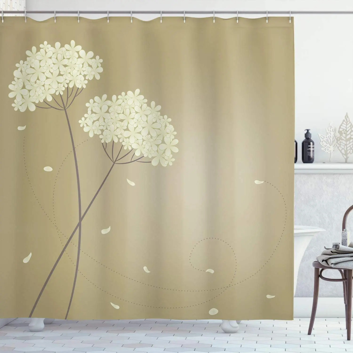 Allium Flower Shower Curtains Floral Design with Swirl Lines Falling Leaves Autumn Inspired Cloth Fabric Bathroom Decor Set