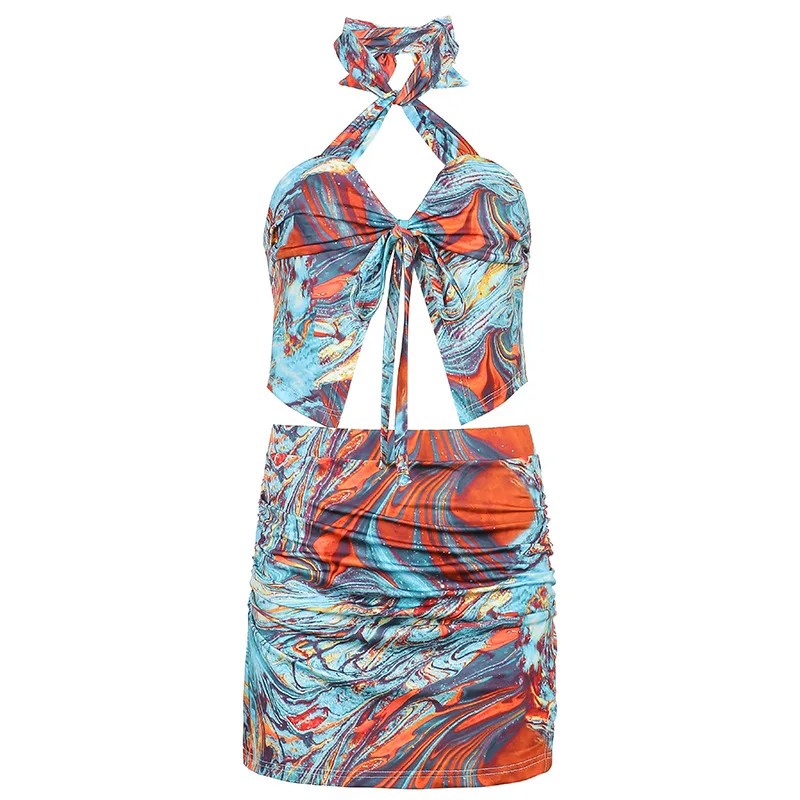 

2021 hanging neck lace-up vest water ripple printed beach split bag hip overskirt set two-piece suit