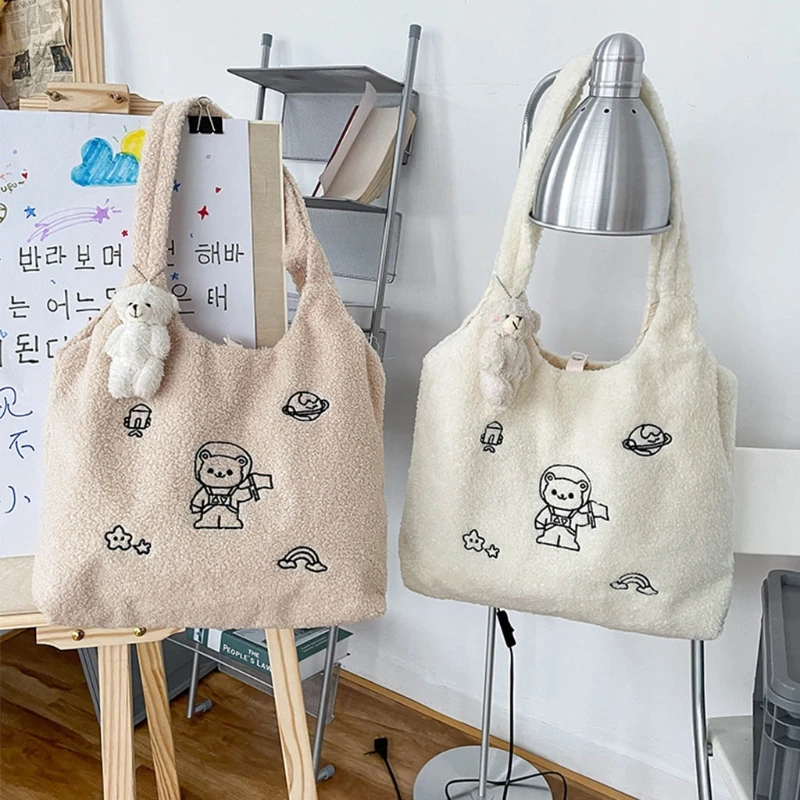 

New Winter Plush Shoulder Bag Women Soft Tote Embroidery Shopper Bag 517D